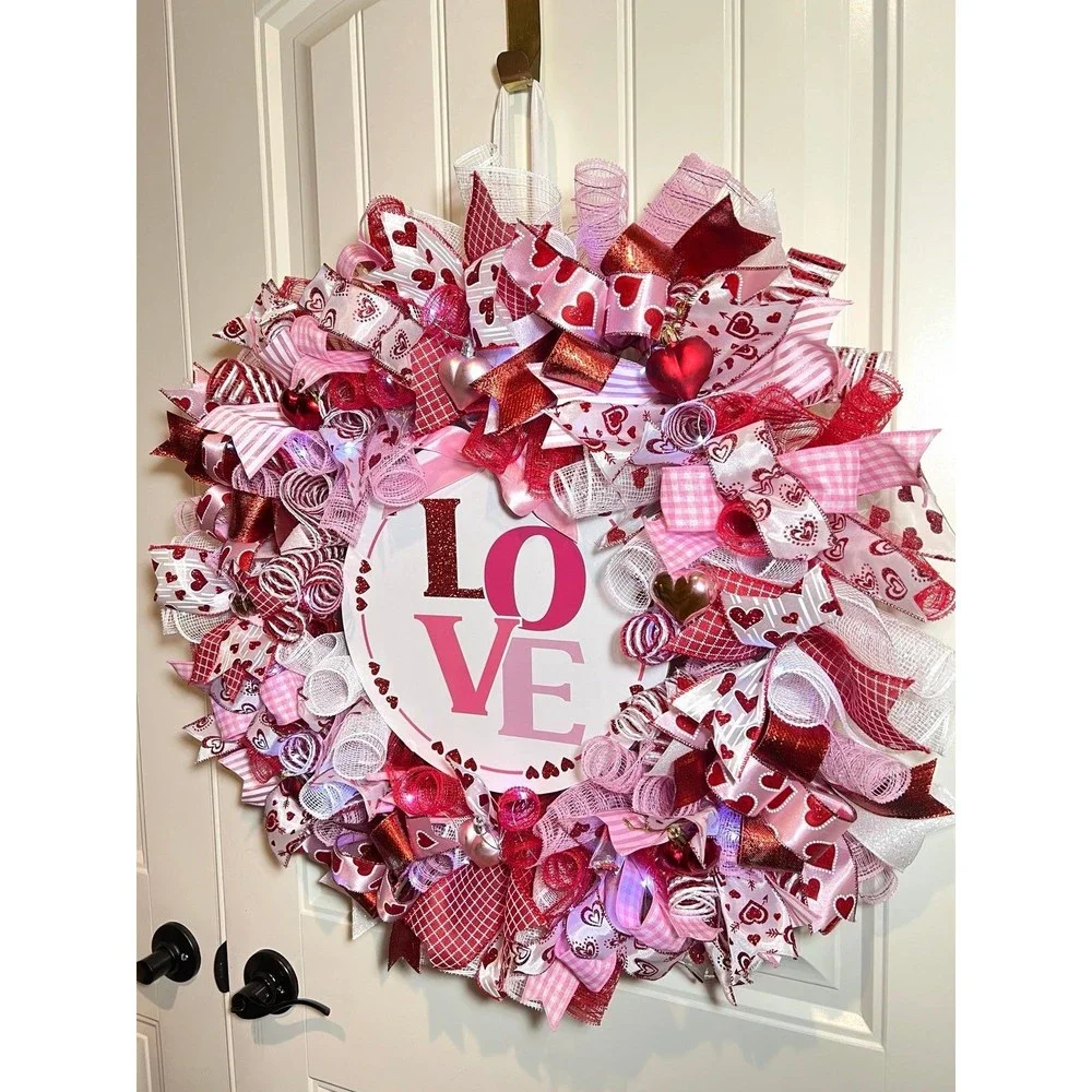 XL Handmade Valentine’s LOVE Ribbon Prelit Wreath 26 ins LED XLW4